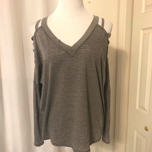 Open Shoulder Burnout V-Neck Shirt